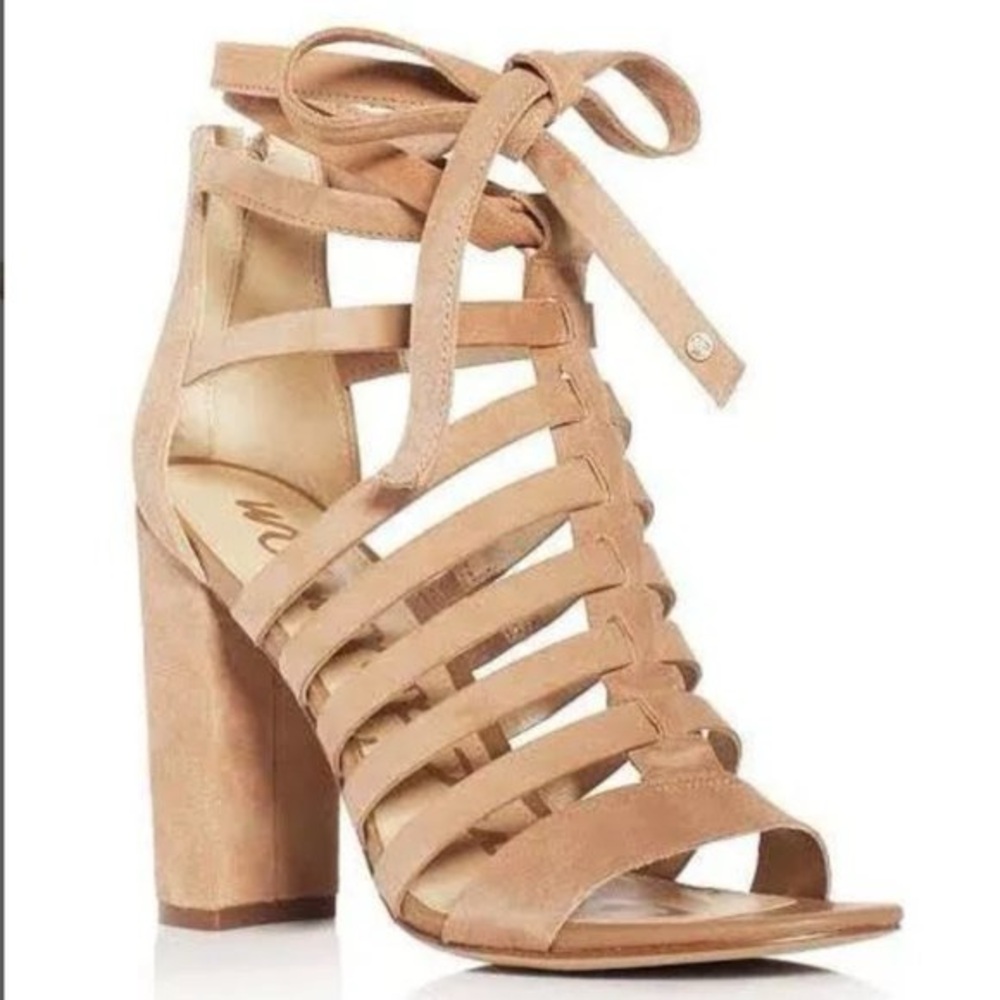Sam Edelman suede tan caged block heeled sandal heels